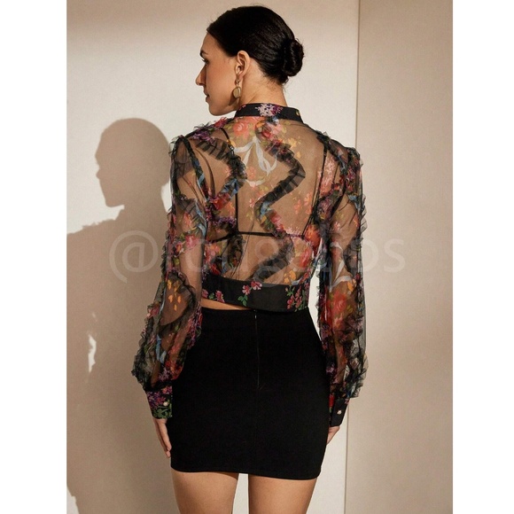Black Sheer Floral Ruffle Textured Crop Button Up Blouse Shirt Top - Picture 6 of 9